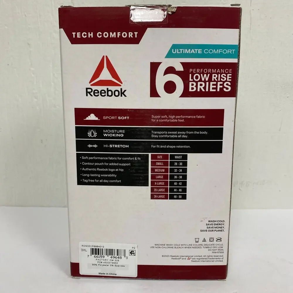 Reebok Performance Tech Comfort Low Rise Briefs Pack of 6 Size 3XL